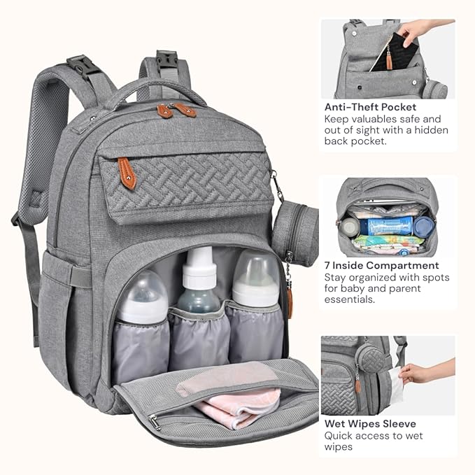 BabbleRoo Diaper Bag Backpack - Travel Large Baby Diaper Bag with Changing pad, Waterproof Baby Bags for Mom & Dad, Unisex Bags with Pacifier Case, Luggage Strap & Stroller Clips– Light Gray