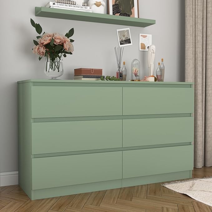 Green Dresser for Bedroom, Modern Large 6 Drawer Dresser with Deep Drawer,Wide Storage Chest of Drawers,TV Stand for Living Room