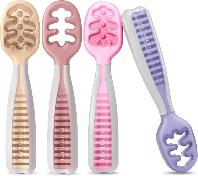 NumNum Baby Spoons Set, Baby Essentials Pre-Spoon GOOtensils for 6+ Months, First Stage Self-Feeding Spoons for Baby Led Weaning (BLW), Silicone Toddler Utensils, BPA-Free, 4 Pack Sweet Dreams