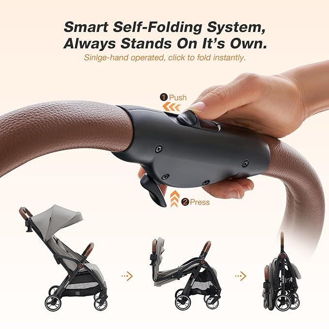 Babideal Lightweight Travel Stroller for Baby, Self-Folding Toddler Stroller with Large Canopy, Full-Reclining Seat, Cup Holder Included - Newborn to 50lbs. (Grey)