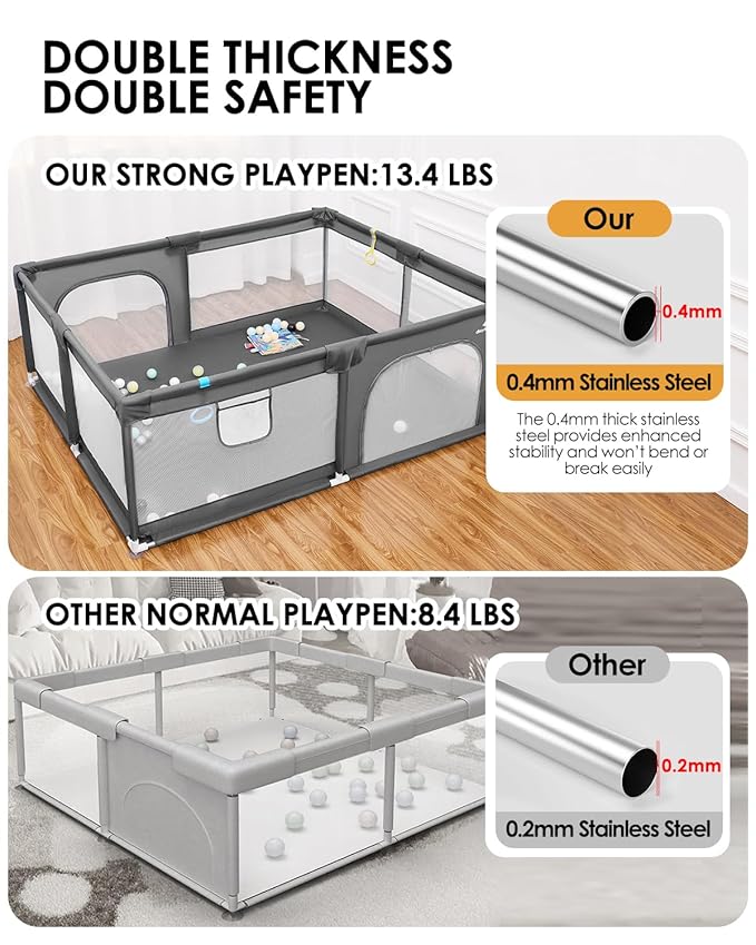 71" x 59" Extra Large Baby Playpen for Babies and Toddlers, Safe Activity Center with Soft Play Fence, Indoor Safety Yard, Easy to Assemble and Clean (Gray)