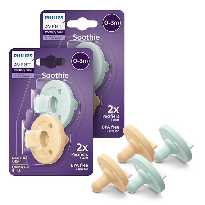 Philips Avent Soothie Orthodontic Baby Pacifiers, 100% Silicone Pacifiers, One Piece, BPA-Free, for Babies 0-3 Months, 2 Green and 2 Yellow, Model SCF190/71 (Pack of 10)