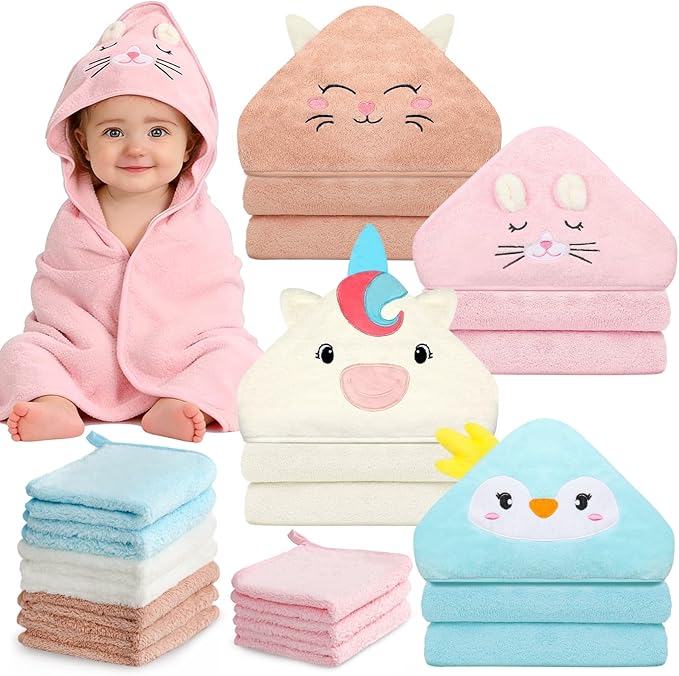 14 Pcs Baby Towel Set, Soft Baby Bath Towels and Washcloths Set, 4 Pcs 32x32 in Animal Hooded Bath Towel & 10 Pcs Baby Washcloths for Infants, Toddlers and Kids for Boys or Girls