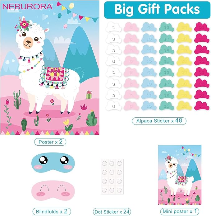 NEBURORA 2 Pack Pin The Tail on The Llama Game 2 Large 21"x 28" Posters with 48pcs Stickers Llama Themed Birthday Party Supplies Decorations for Girls Fiesta Party Games Classroom Game