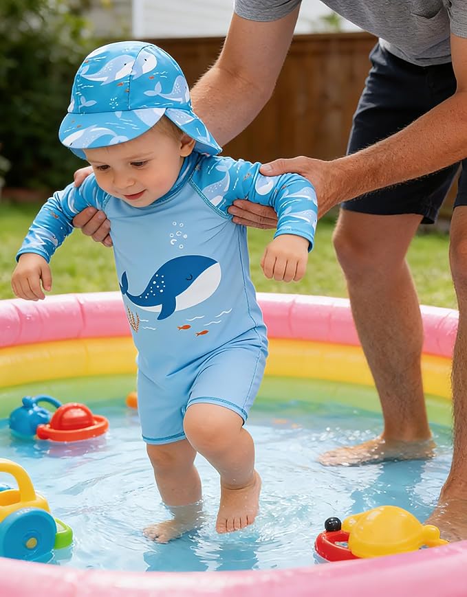 ADUKIDE Baby Boys Swimsuit Summer Beach Rash Guard Swimwear One Piece Sunsuit with Sun Hat 3-24 Months