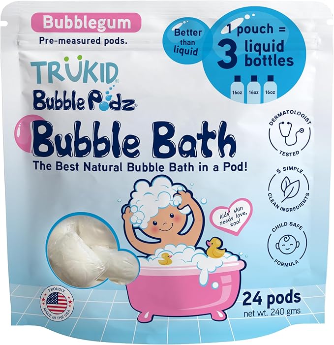 TruKid Bubble Podz Bubble Bath for Kids, Toddlers, & Babies, Tear Free Gentle & Refreshing Bath Bomb for Sensitive Skin with Natural Moisturizers, Non-Toxic, pH Balanced, Bubble Gum Scent (24 Podz)