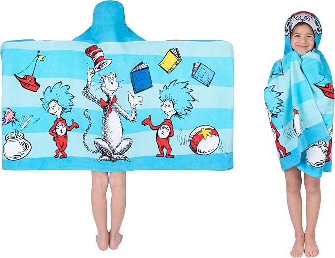 Dr. Seuss Cat In The Hat Bath/Pool/Beach Soft Cotton Terry Hooded Towel Wrap, 24 in x 50 in, By Franco Kids