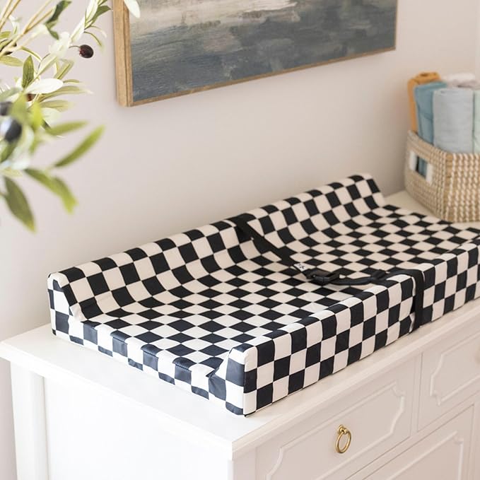 Tiny Twinkle Diaper Changing Pad for Dresser & Nursery Table – Waterproof, Wipeable & Mess-Proof Baby Changing Pad with Safety Strap, Non-Slip Base & Removable Washable Cover(Black Checkers)