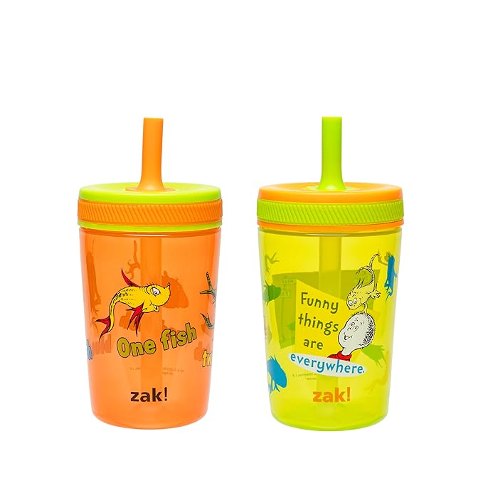 Zak Designs Dr. Seuss Kelso Toddler Cups For Travel or At Home, 15oz 2-Pack Durable Plastic Sippy Cups With Leak-Proof Design is Perfect for Kids (One Fish, Two Fish)