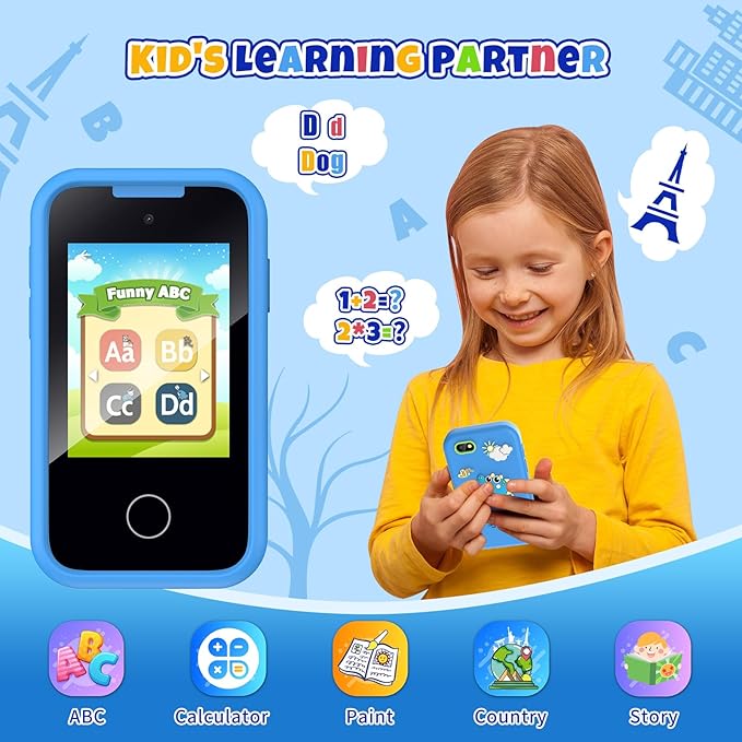 Nikuku Kids Smart Phone for Boys, Children Christmas Birthday Dinosaur Toys for 3-8 Years Old, Toddler Pretend Cellphone Girls Gifts with Music Player, Dual Camera, 8GB TF-Card(Blue)