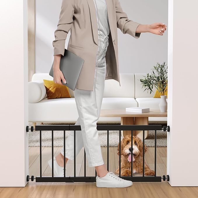 Dog Gate Indoor,18"-45" Adjustable Extra Wide Metal Short Dog Gate to Step Over, 18" Tall Small Pet Gate with 3 Extension Kits, Pressure Mounted Gate for Doorways & Stairs Black