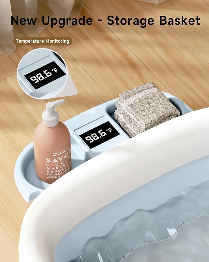 Collapsible Baby Bathtub, Large Infant Bath Tub with Thermometer & Cute Soft Cushion for Newborn to 36-Month Toddlers, Storage and Non-Slip Feet Design, Baby Bath Gift (Blue)