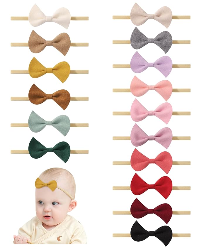 doboi 16PCS Baby Girl Headbands with Bows Baby Hair Bows Nylon Hairbands Handmade Woolen Fabric Hair Accessories for Newborn Infant Toddlers Little Girls and Kids