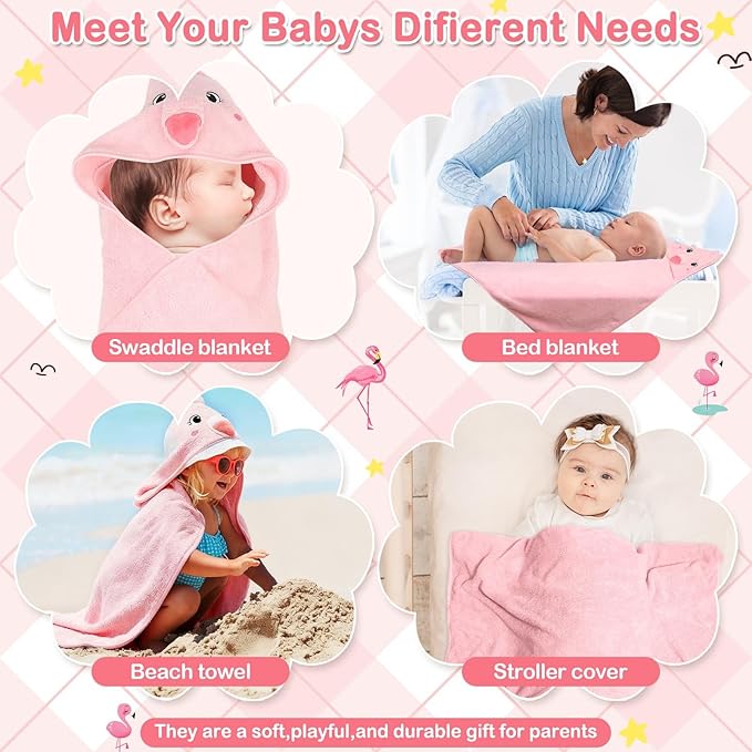 4 Pcs Baby Towels and Washcloths Set, Hooded Baby Towel, Soft and Absorbent Baby Bath Towels, 32x32 in Baby Towel with Hood and 3 Pcs Baby Washcloths for Boys and Girls (Pink Flamingo)