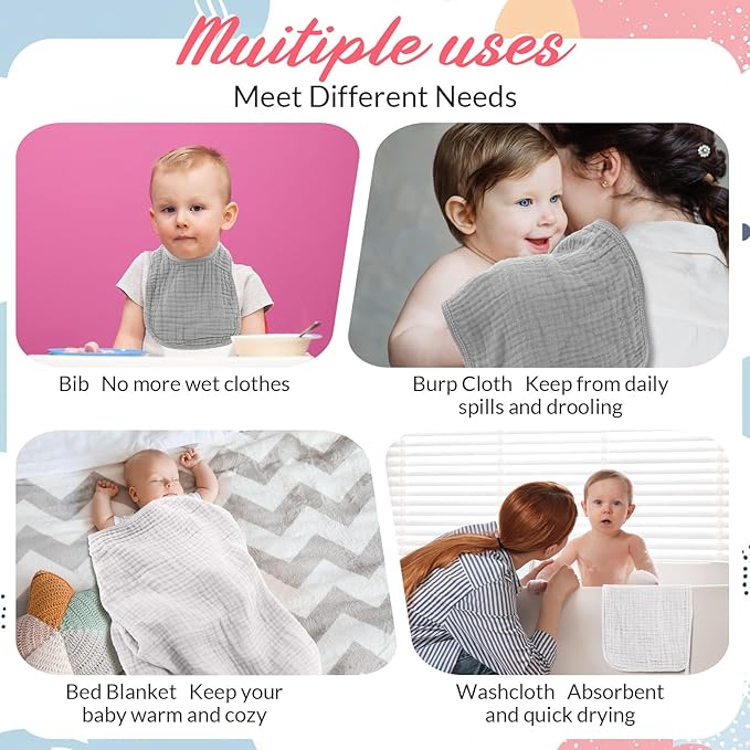 6 Pcs Muslin Hooded Bath Towels Washcloths and Bibs Set, Muslin Cotton Baby Towels Absorbent Hooded Blanket Towel Infant Bibs for Boys Girls Newborn Infant Essential(White, Light Gray)