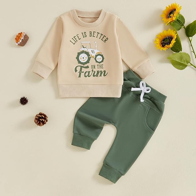 FOCUSNORM Toddler Baby Boy Fall Winter Outfit Excavator Embroidered Long Sleeve Sweatshirt Elastic Jogger Pant 2 Pcs Clothes