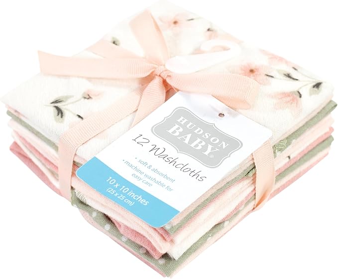 Hudson Baby Unisex Baby Flannel Cotton Washcloths, Pink Dainty Floral 12 Pack, One Size
