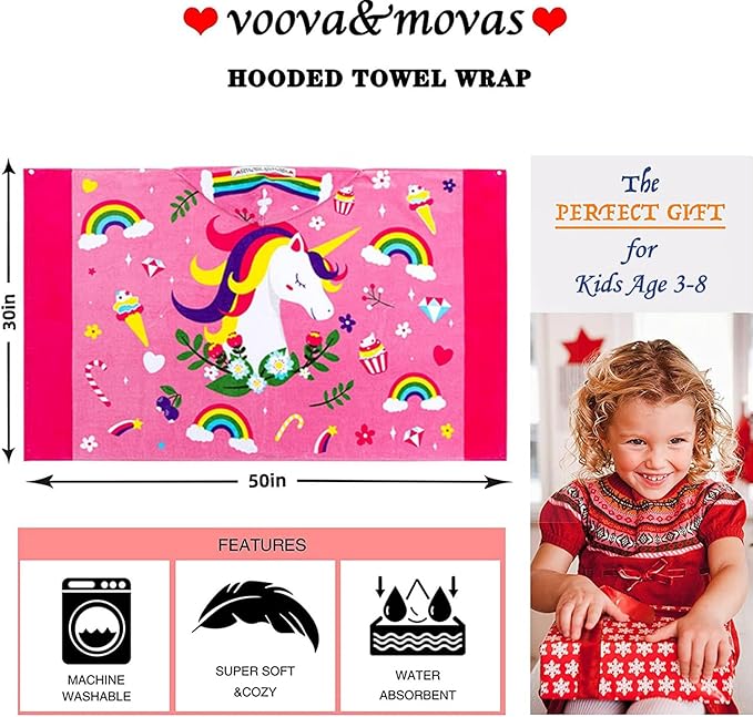 VOOVA & MOVAS Hooded Towels for Kids 3-8 Years, 30''X50, Soft Thick Cotton | Absorbent Beach, Bath, Pool Swim Towels | Cover up for Girls | Pink Floral Unicorn