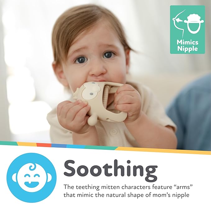 Nuby Silicone Wrist Teething Mitten - Baby Teether Ring - 3+ Months - Provides Teething Relief for Babies and Toddlers - Brown Monkey