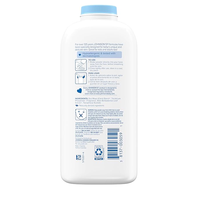 Johnson's Baby Powder with Naturally Derived Cornstarch, Aloe & Vitamin E for Delicate Skin, Hypoallergenic, Free of Parabens, Phthalates & Dyes for Gentle Baby Skin Care, 22 oz, 3 Pack