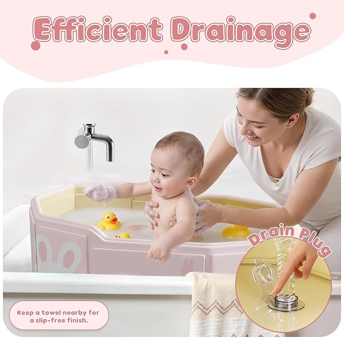 Collapsible Baby Bathtub for Shower, Portable Foldable Toddler Bath Tub with Non-Slip Base, Compact Travel Essentials for Kids & Infants, Easy Storage in Small Spaces, Pink