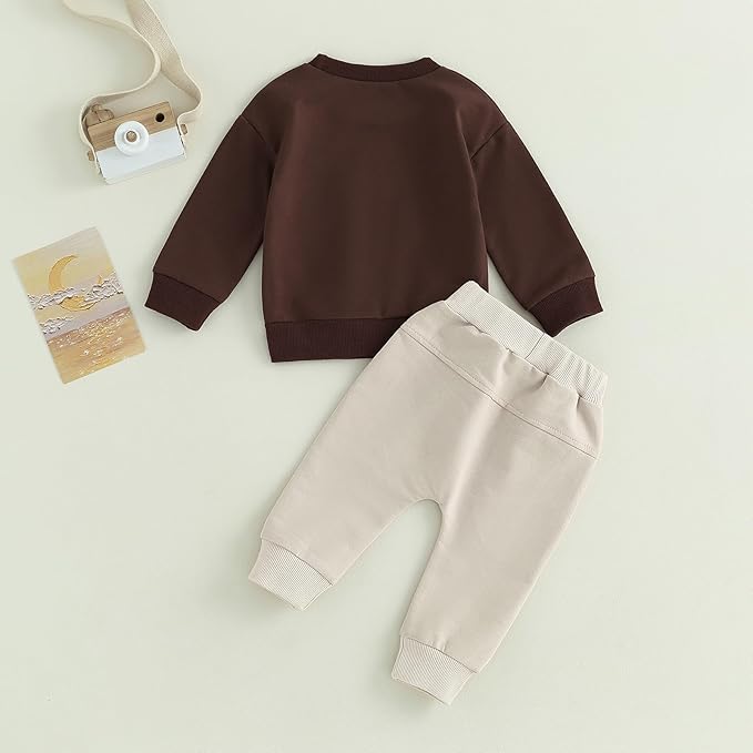 ZAXARRA Toddler Newborn baby boys Fall Outfits Long Sleeve Letter Print Sweatshirt Tops Pocket Pants Casual Clothing Sets