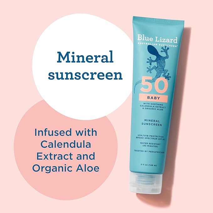 Blue Lizard BABY Mineral Sunscreen with Zinc Oxide, SPF 50+, Water Resistant, UVA/UVB Protection with Smart Cap Technology - Fragrance Free, 5 oz. Tube