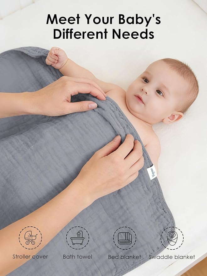 Muslin Hooded Baby Bath Towels - 3 Pack 100% Cotton Ultra-Soft Towels for Newborns, Infants, Toddlers - 32x32 Inch - Highly Absorbent, Quick-Dry Essentials for Bath, Beach, Pool, Grey Blue Series
