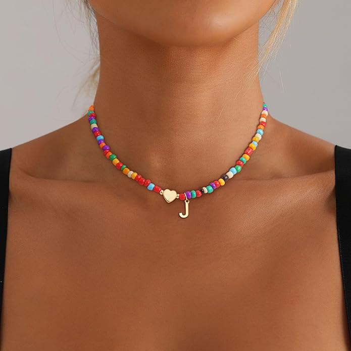Valentines Day Gifts for Kids Women Girls - Colorful Beaded Initial Necklace Teen Girls Trendy Stuff Dainty Letter Choker Necklace Valentines Day Gifts for Her Mom Wife Jewelry