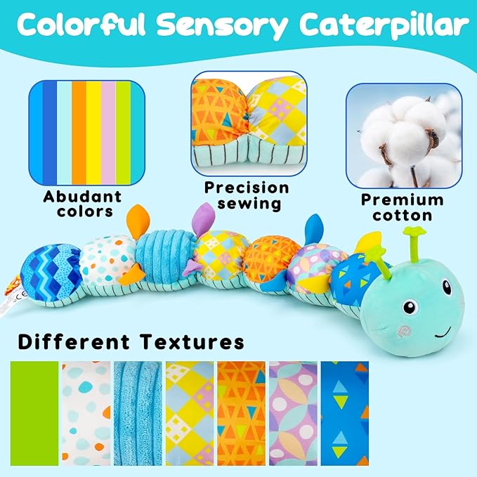 Baby Tummy Time Toys 0-6 Month Musical Stuffed Animal Plush Caterpillar Toy for Infant 6-12 Month Teething Sensory Toy with Crinkle Rattle for Babies 0-3-6 Month Newborn Boy Girl Easter Basket Stuffer