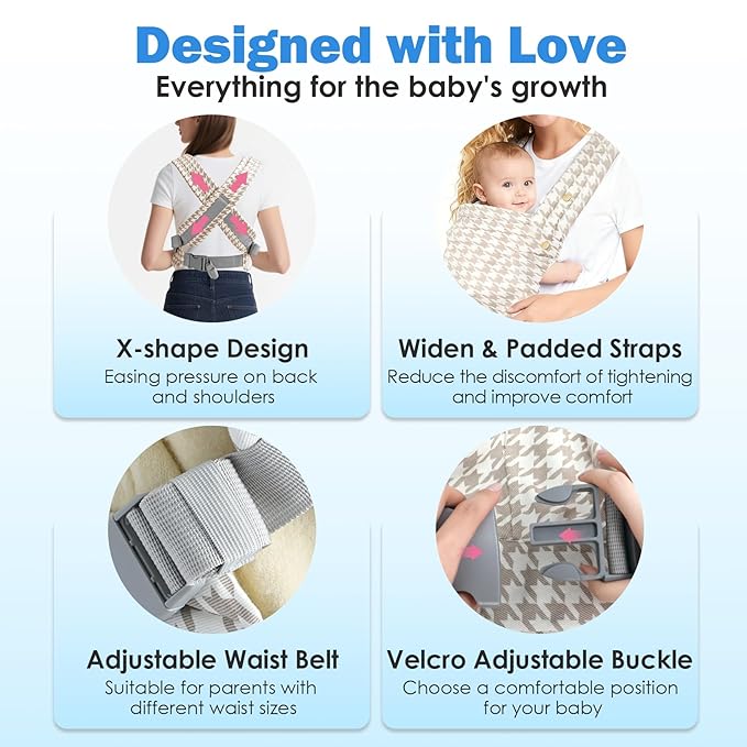 Baby Carrier with Storage Bag, 4 in 1 Front & Back Facing Design, Forward Facing, Adjustable, Baby Essential, Head Support, Baby Carrier for Newborn to Toddler, Champagne Houndstooth