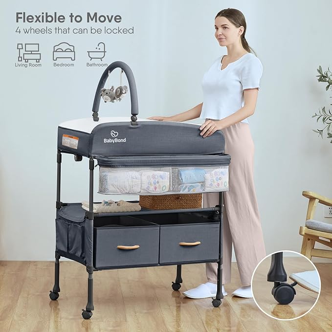 BabyBond Portable Baby Changing Table with 2 Storage Baskets, Foldable Changing Table Dresser Diaper Changing Table Height Adjustable Changing Station for Infant and Newborn(Grey)