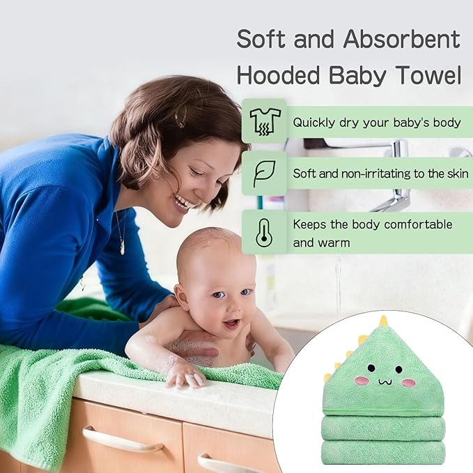 4 PCS Hooded Baby Towel Set, 32x32 Inch Absorbent Baby Bath Towels, Soft Hooded Towels and 3 PCS Washcloths, Unisex Baby Gift Set for Newborns, Babies, Toddlers (Green)