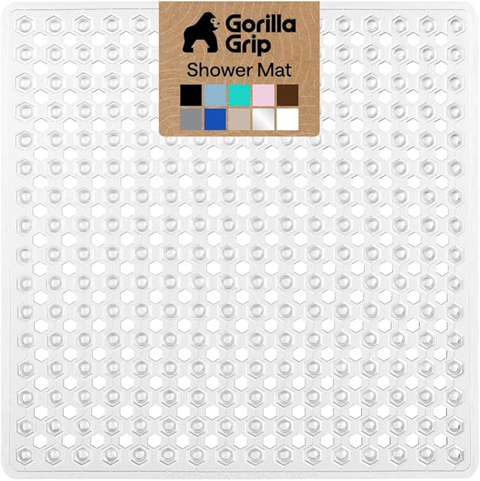 GORILLA GRIP Patented Square Shower Stall Mat, Small Bathtub Floor Mats for Stand Up Showers with Suction Cups and Drainage Holes, Machine Wash, Soft on Feet, Bathroom Accessories 21x21 Inch, Clear