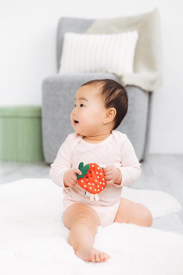 Pearhead Crinkle Plush Baby Teether, Adorable Strawberry Sensory Toy with BPA-Free Silicone Beaded Ring, Gentle Sound and Soft Fabric for Teething Pain Relief, Infant Rattle for Newborns 0+ Months