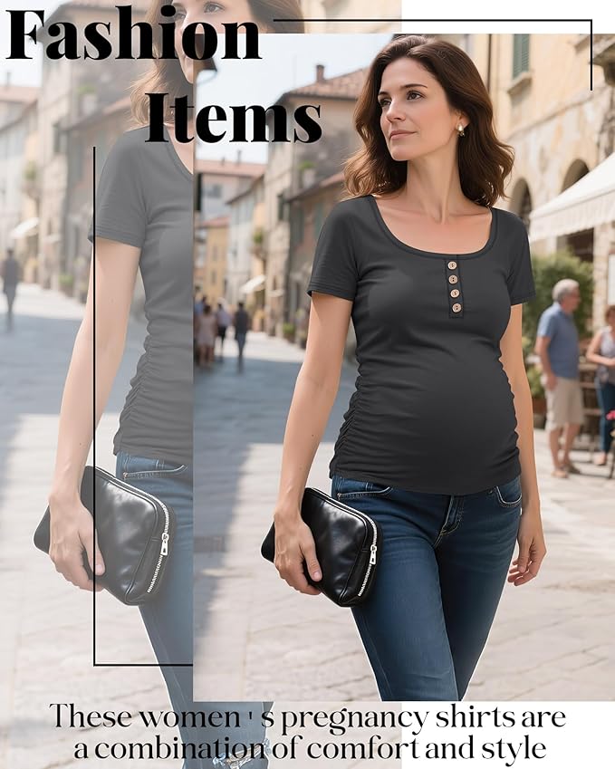 Riyiper 4 Pack Women's Maternity Shirts, Henley Scoop Neck Pregnancy Tee Tops Short Sleeve Side Ruched Mama Clothes