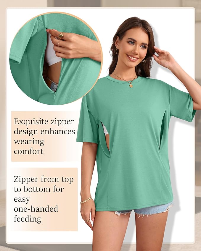 3 Pack Women's Oversize Nursing Breastfeeding Shirts Hidden Zipper Short Sleeve Loose Fit Maternity Tops