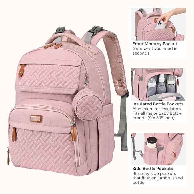 BabbleRoo Diaper Bag Backpack - Travel Large Baby Diaper Bag with Changing pad, Waterproof Baby Bags for Mom & Dad, Unisex Bags with Pacifier Case, Luggage Strap & Stroller Clips– Pink
