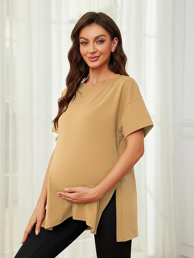 Ecavus Women's Casual Maternity Shirts Split Side Pregnancy Tops Blouses Short Sleeve Loose Fit Maternity Clothes