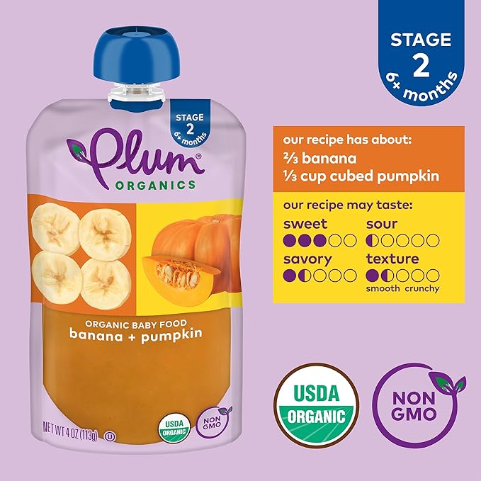 Plum Organics Stage 2 Organic Baby Food - Banana and Pumpkin - 4 oz Pouch (Pack of 4) - Organic Fruit and Vegetable Baby Food Pouch