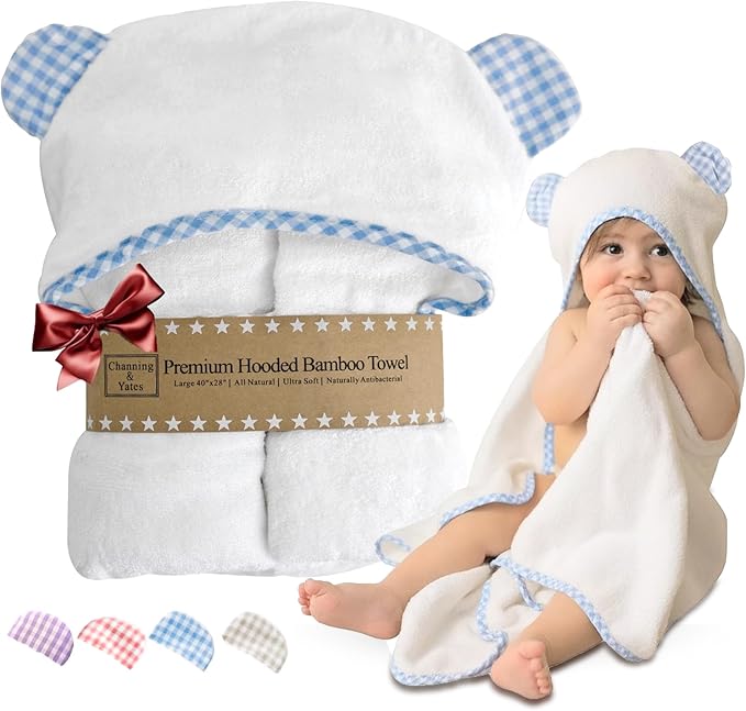 Channing & Yates Premium Organic Hooded Baby Towel and Washcloth Set - Softest Towel with Hood for Newborn - Boy Gift for Baby Shower (Blue)