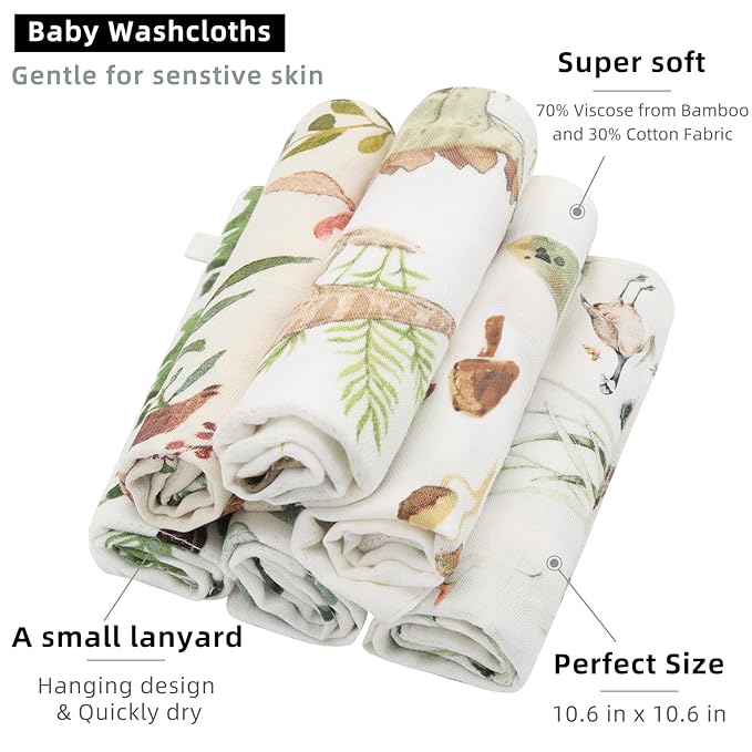 LifeTree 6 Pack Baby Muslin Washcloths for Unisex, 70% Viscose from Bamboo and 30% Cotton Wash Cloth Set for Baby Face Body, Soft for Newborn Infants Kids Girls and Boys