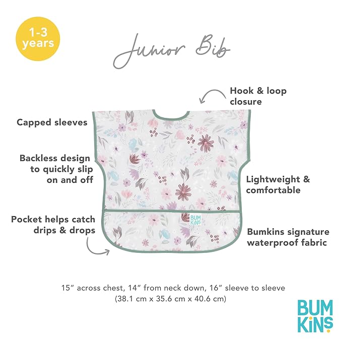 Bumkins Short Sleeve Bib for Girl or Boy, Toddler and Kids for 1-3 Years, Large Size, Essential Must Have for Junior Children, Eating, Mess Saving Soft Fabric Apron for Play, Floral Gray