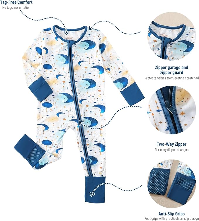 OPAWO Viscose from Bamboo Baby Pajamas Girl 2pack Mittens Cuff 2 Way Zipper Soft Footless Sleeper Baby Boy One-Piece Romper