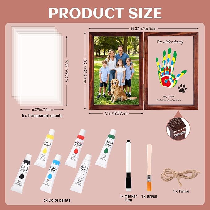 Family Handprint Kit, DIY Baby Hand and Footprint Handmade Keepsake Wooden Frame, Family Gifts with 6 Non-Toxic Baby-Safe Paint, Ideas Gift for New Parents, Grandparents, Father's Day, Mother's Day