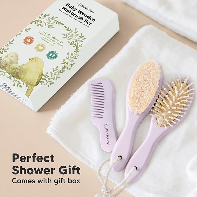 Baby Hair Brush Set for Newborns - Soft Goat Bristle Wooden Baby Brush and Comb Set Newborn Grooming Kit for Cradle Cap, Durable & Gentle, Boy, Girl Infant Essentials Care Kit (Oval, Thistle)