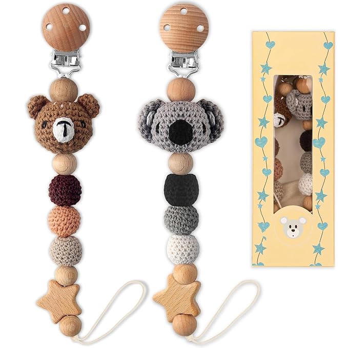 Pacifier Clip, 2 Pack Pacifier Clips for Boys and Girls, Cute Koala & Bear Handmade Knitted Pacifier Holder Fits for Most Pacifier, Baby Teethers, Baby Shower and Baby Gift