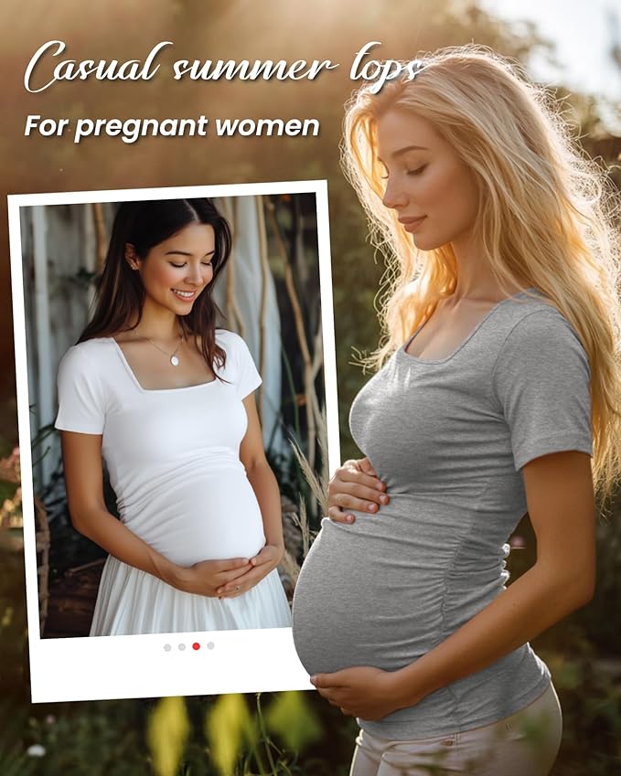 4 Pack Women's Maternity Shirts Cotton Square Neck Pregnancy Tops Side Ruched Summer Short Sleeve Tees Multipack