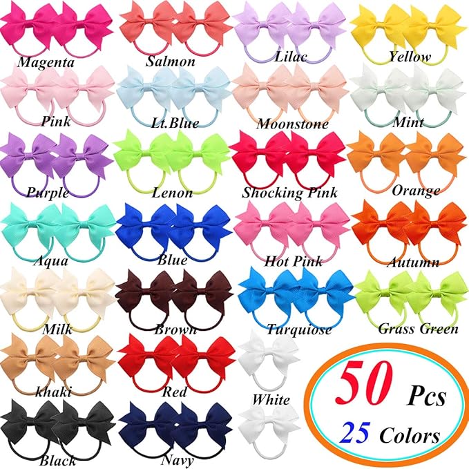 CÉLLOT Baby Hair Ties with Bows,50pcs 2inch Baby Hair Bows Durable Rubber Bands Ponytail Holders Toddler Essential Hair Accessories for Infants Baby Girls in Pairs