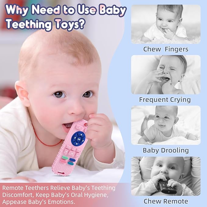 AiTuiTui Baby Teething Relief Sensory Chew Toys for 3 6 9 12 Months, Silicone Infant Teether Remote Control Bath Toy for Newborn Toddlers Boy Girl Autism Baby Shower Birthday Gifts, Dark Pink